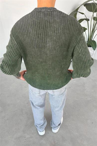 Haki Acid Wash Fitilli Oversize Triko Kazak