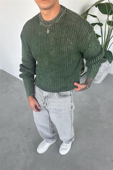 Haki Acid Wash Fitilli Oversize Triko Kazak