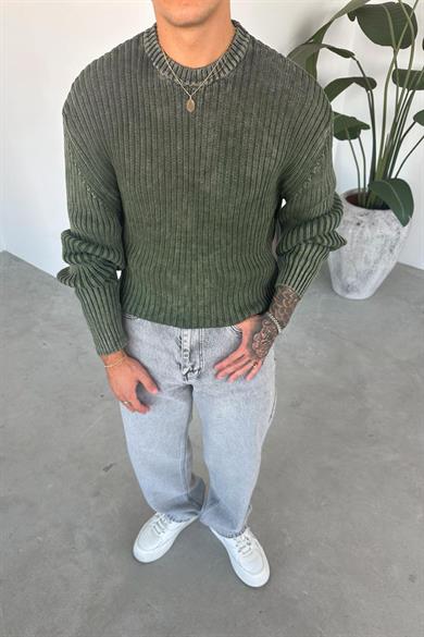 Haki Acid Wash Fitilli Oversize Triko Kazak