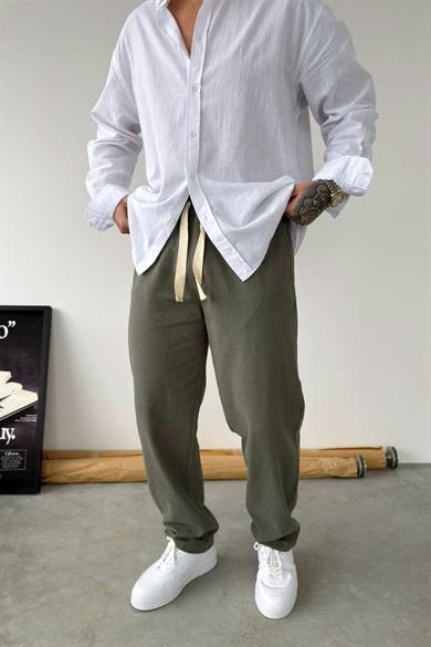 Haki Baggy Keten Pantolon