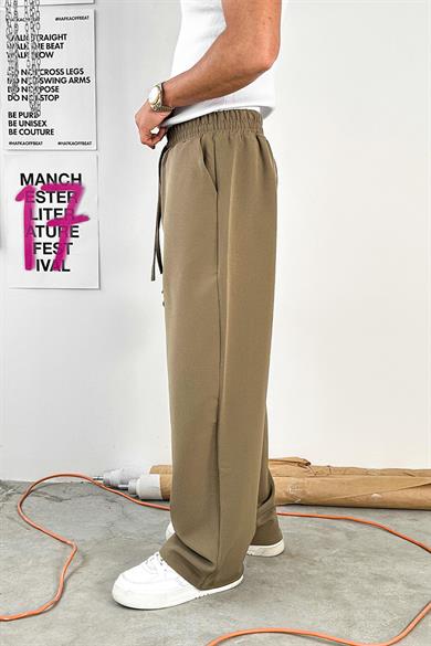 Haki Basic Beli Lastikli Baggy Kumaş Pantolon