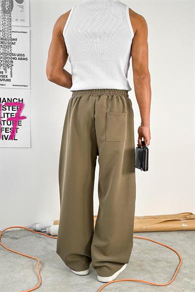 Haki Basic Beli Lastikli Baggy Kumaş Pantolon