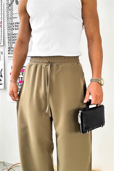 Haki Basic Beli Lastikli Baggy Kumaş Pantolon