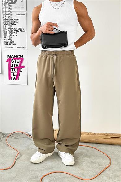 Haki Basic Beli Lastikli Baggy Kumaş Pantolon