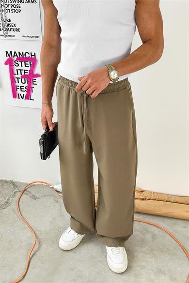 Haki Basic Beli Lastikli Baggy Kumaş Pantolon
