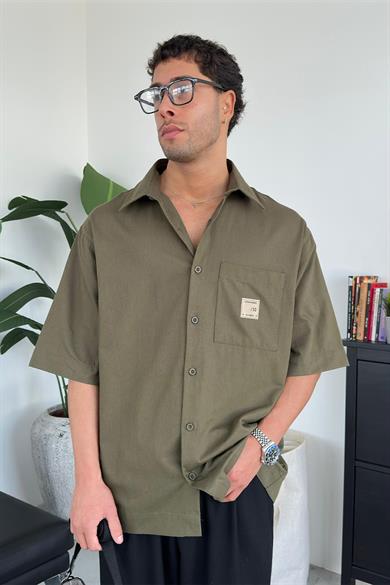 Haki Basic Cep Patch Detay Kısa Kollu Oversize Gömlek