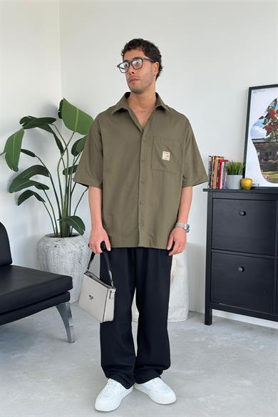 Haki Basic Cep Patch Detay Kısa Kollu Oversize Gömlek