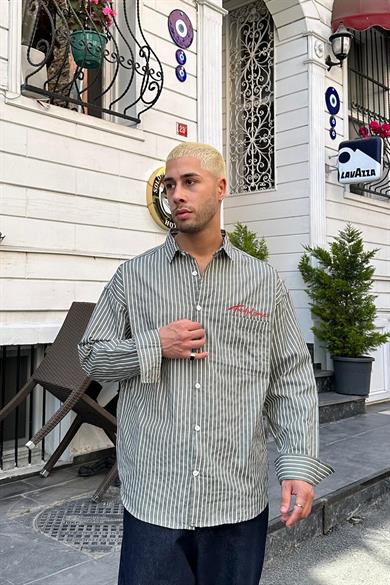 Haki Basic Nakış Detay DAD Oversize Gömlek