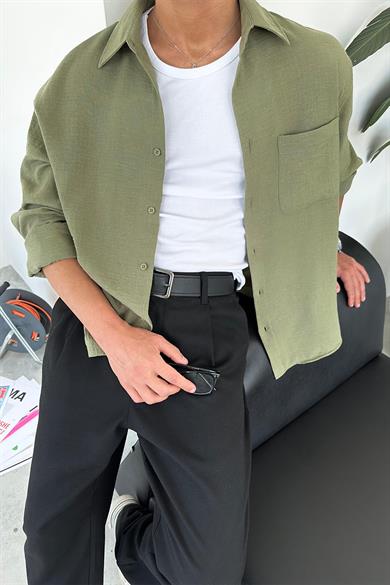 Haki Basic Ön Cep Detay Oversize Gömlek