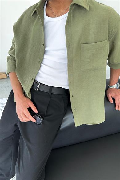 Haki Basic Ön Cep Detay Oversize Gömlek
