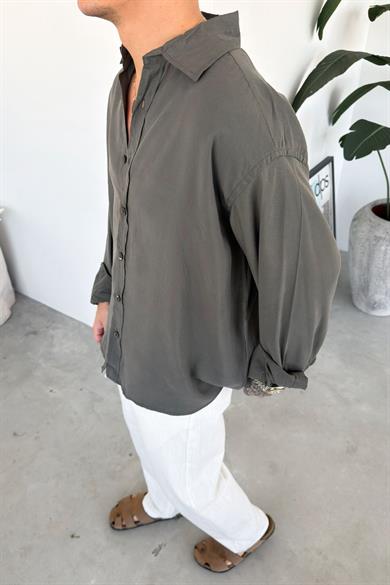 Haki Basic Oversize Modal Gömlek