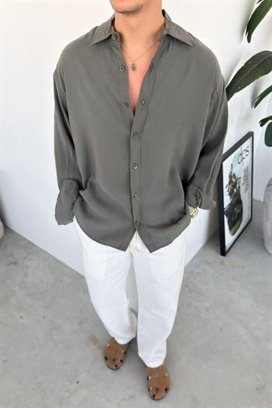 Haki Basic Oversize Modal Gömlek