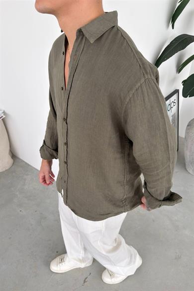 Haki Basic Relaxed Ham Keten Gömlek