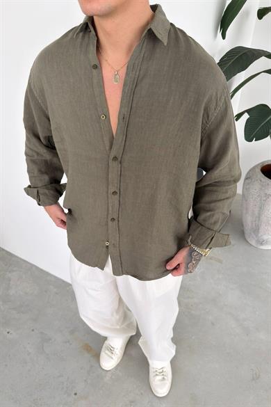 Haki Basic Relaxed Ham Keten Gömlek