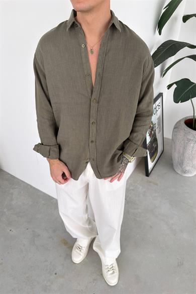 Haki Basic Relaxed Ham Keten Gömlek