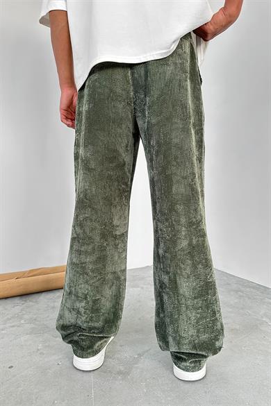 Haki Beli Lastikli Ayarlanabilir Kadife Baggy Pantolon