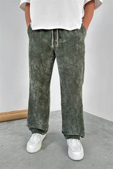 Haki Beli Lastikli Ayarlanabilir Kadife Baggy Pantolon