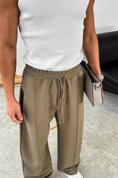 Haki Çimalı Beli Lastikli Baggy Kumaş Pantolon