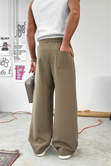 Haki Çimalı Beli Lastikli Baggy Kumaş Pantolon