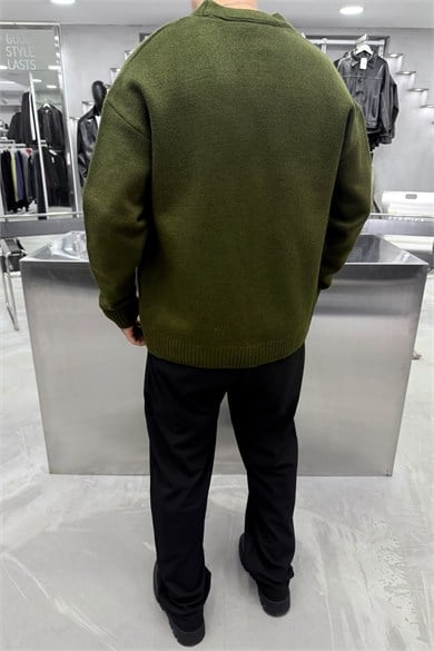 Haki Düğmeli V Yaka Oversize Triko Hırka