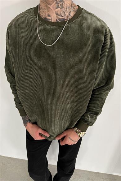Haki Fitilli Kadife Basic Sweat