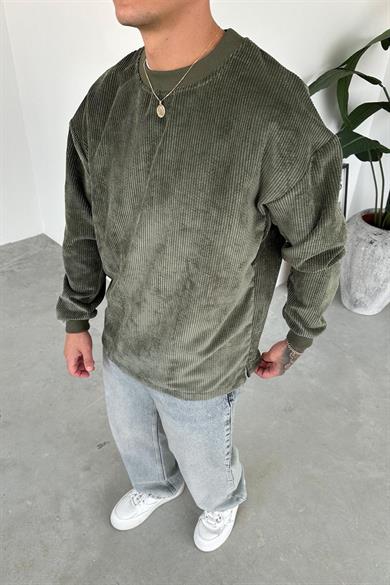 Haki Fitilli Kadife Basic Sweat
