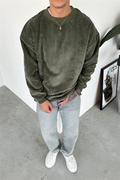 Haki Fitilli Kadife Basic Sweat