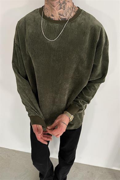 Haki Fitilli Kadife Basic Sweat