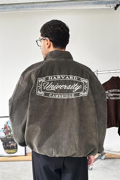 Haki Fitilli Kadife Harvard University Mevsimlik Ceket