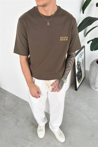 Haki Golden Nakış Oversize Tişört