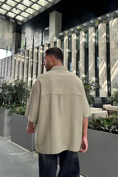 Haki Keten Ön Cep Nakış Detay S8 BS Oversize Gömlek