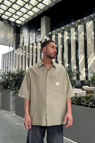 Haki Keten Ön Cep Nakış Detay S8 BS Oversize Gömlek
