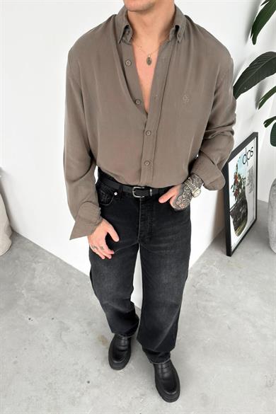 Haki Nakışlı Oversize Modal Gömlek