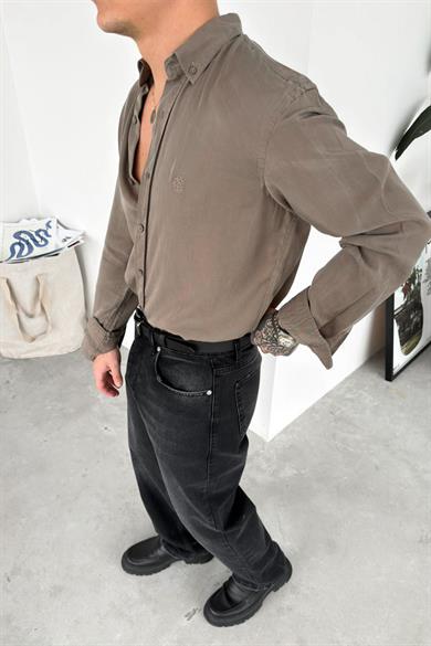 Haki Nakışlı Oversize Modal Gömlek