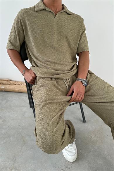 Haki Örme Desenli Relaxed Polo Yaka Tişört