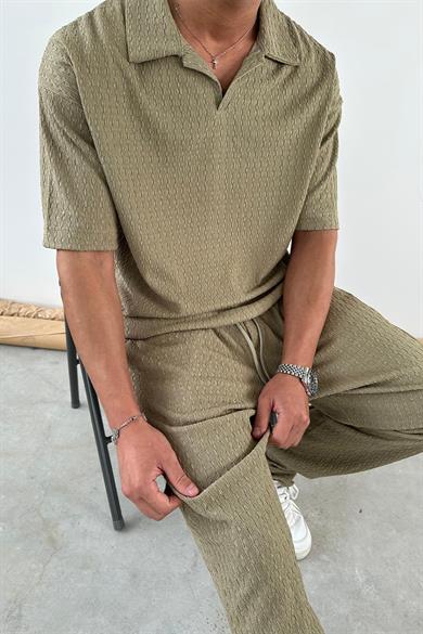 Haki Örme Desenli Relaxed Polo Yaka Tişört