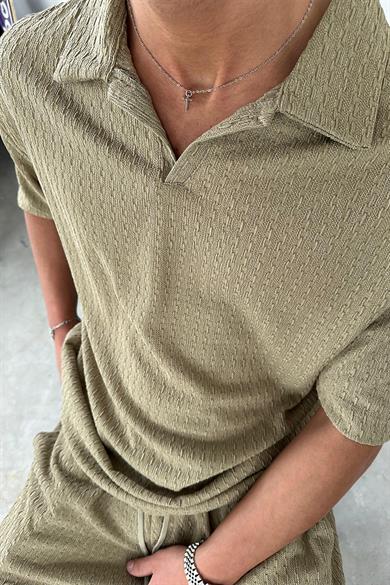 Haki Örme Desenli Relaxed Polo Yaka Tişört
