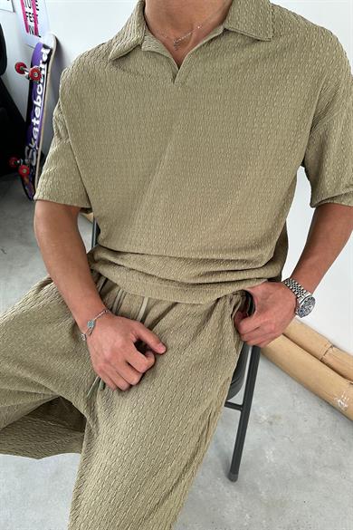 Haki Örme Desenli Relaxed Polo Yaka Tişört