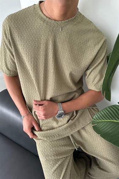 Haki Örme Desenli Relaxed Tişört