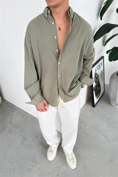 Haki Oversize Fresh Keten Gömlek