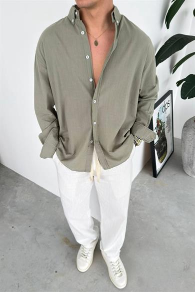 Haki Oversize Fresh Keten Gömlek