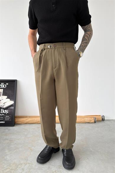 Haki Pile Detay Kemerli Baggy Kumaş Pantolon