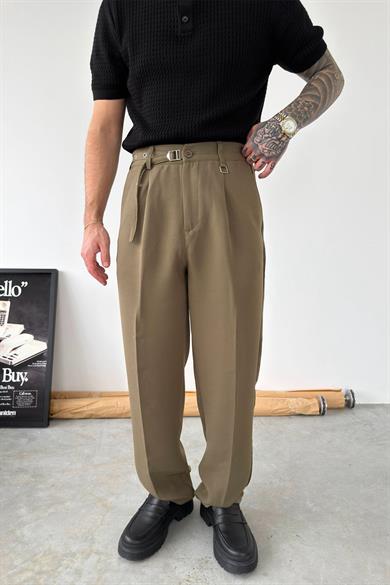Haki Pile Detay Kemerli Baggy Kumaş Pantolon