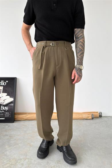 Haki Pile Detay Kemerli Baggy Kumaş Pantolon
