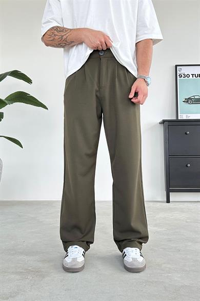 Haki Pile Detay Kumaş Baggy Pantolon