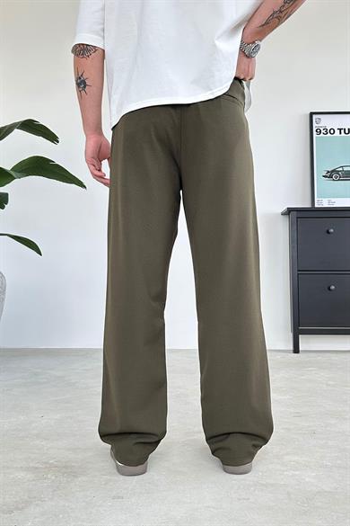 Haki Pile Detay Kumaş Baggy Pantolon