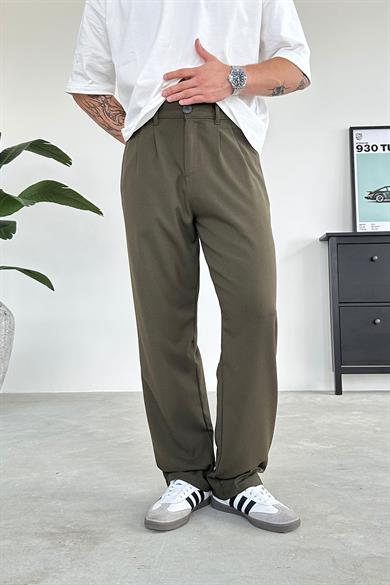 Haki Pile Detay Kumaş Baggy Pantolon
