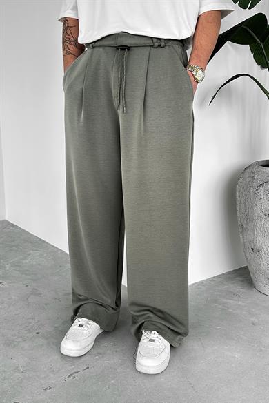 Haki Pile Detay Tensel Kumaş Baggy Pantolon