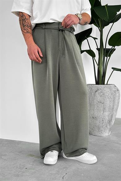 Haki Pile Detay Tensel Kumaş Baggy Pantolon