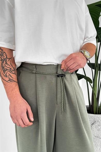 Haki Pile Detay Tensel Kumaş Baggy Pantolon